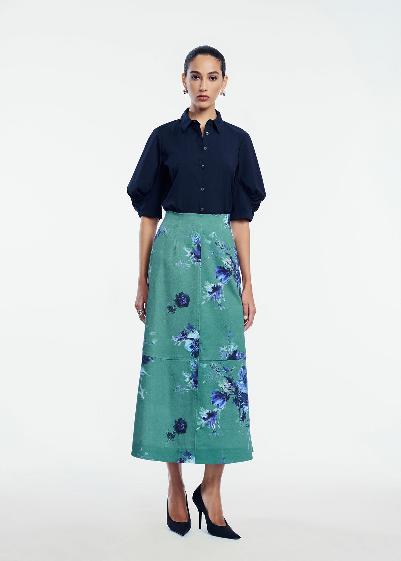 Floral Stretch Cotton Midi Skirt