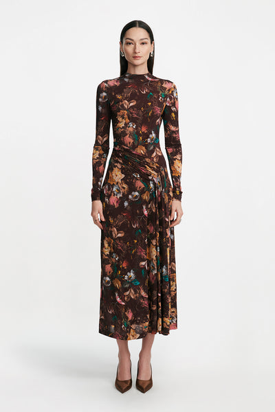 Floral Printed Jersey Long Sleeve Draped Front Dress