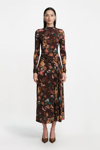 Floral Printed Jersey Long Sleeve Draped Front Dress