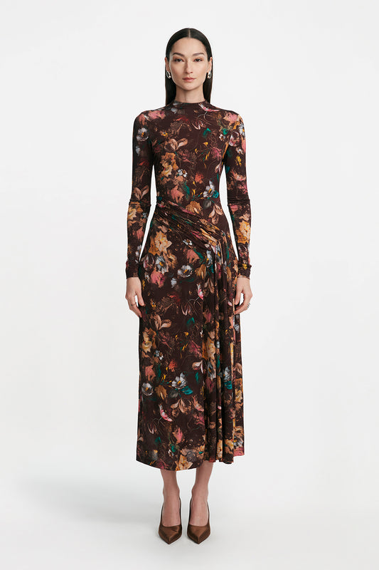 Floral Printed Jersey Long Sleeve Draped Front Dress