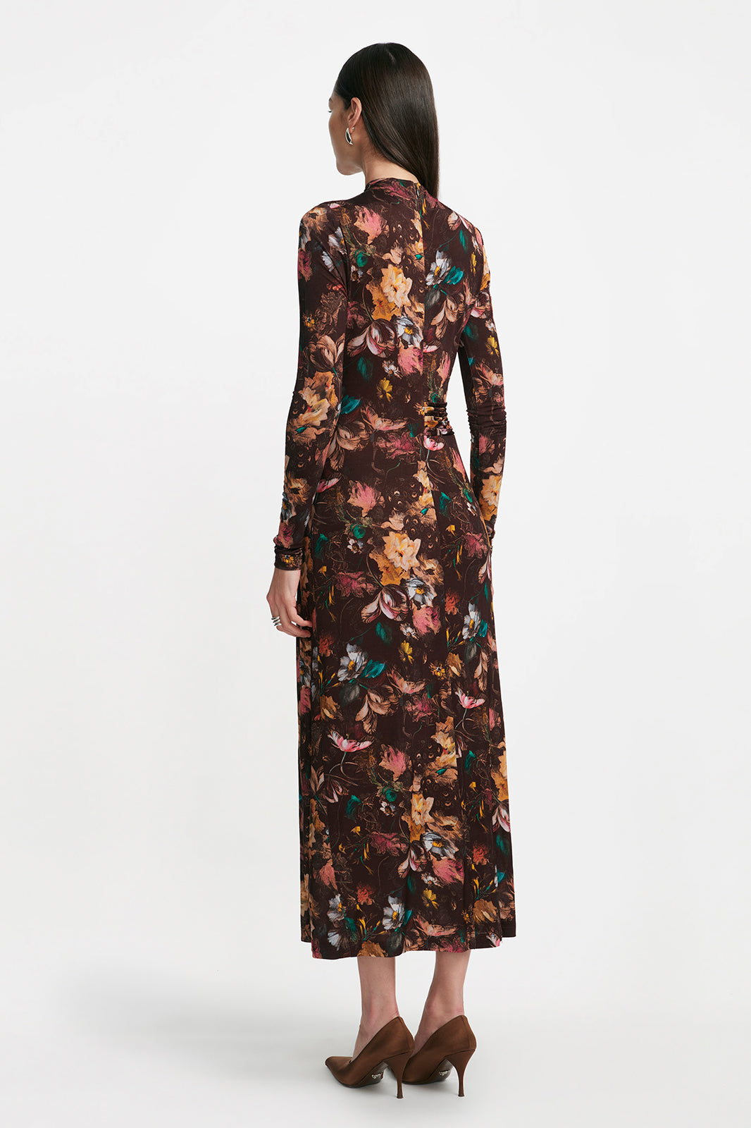 Floral Printed Jersey Long Sleeve Draped Front Dress