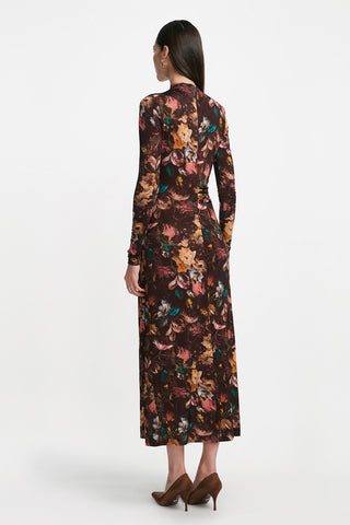 Floral Printed Jersey Long Sleeve Draped Front Dress