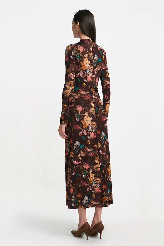 Floral Printed Jersey Long Sleeve Draped Front Dress