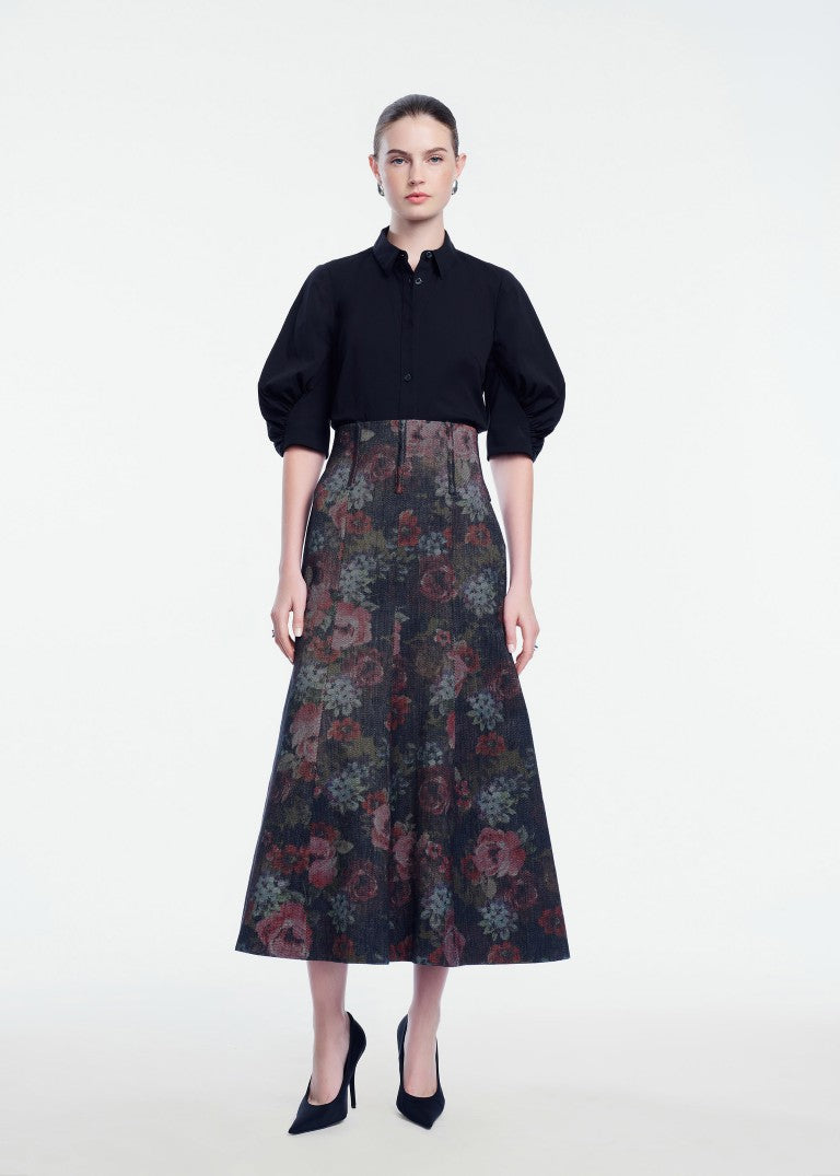 Floral Denim Trumpet Skirt