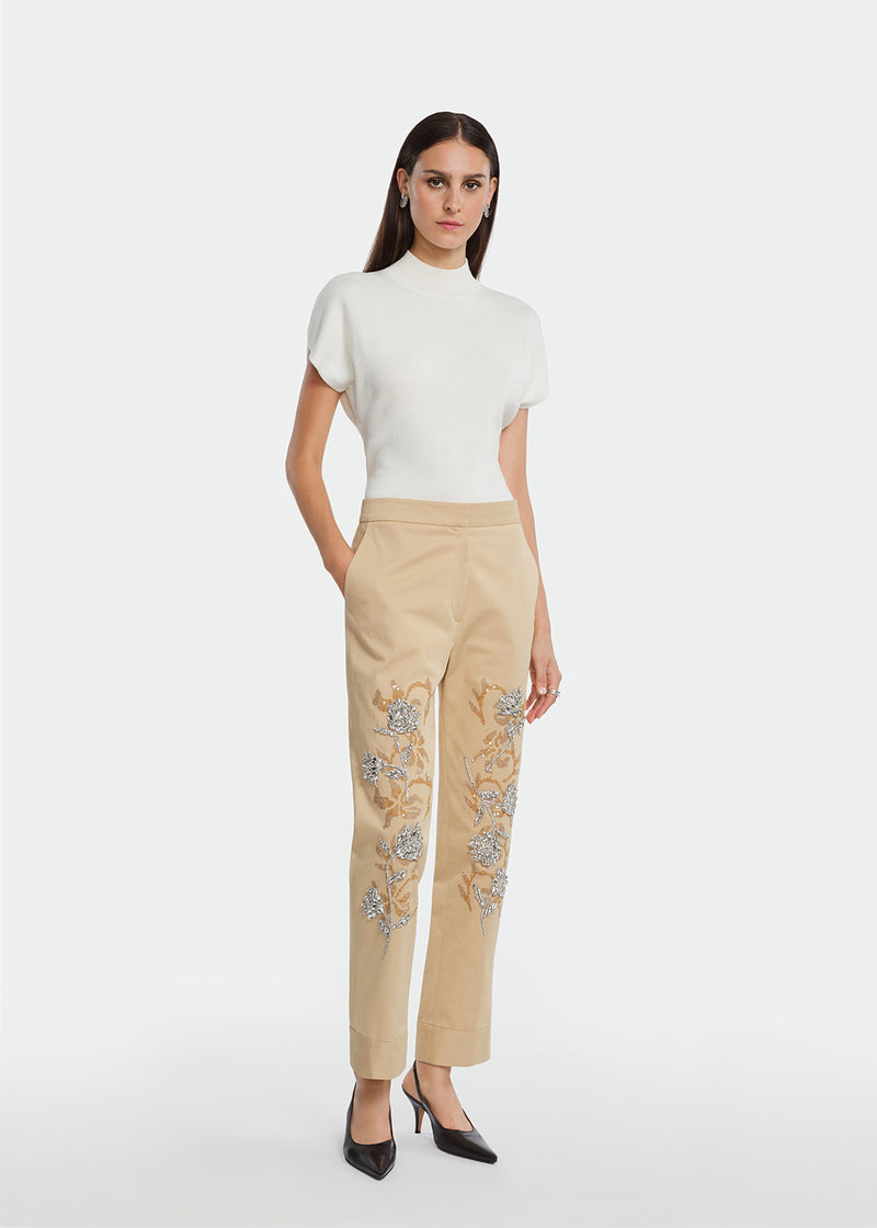 Floral Needlepoint Embroidered Cotton Twill Pant