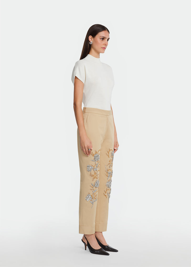 Floral Needlepoint Embroidered Cotton Twill Pant