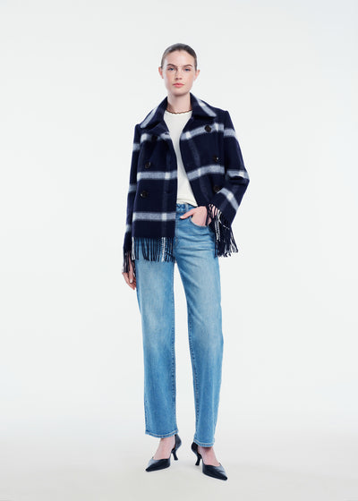Plaid Wool Fringe Detail Peacoat