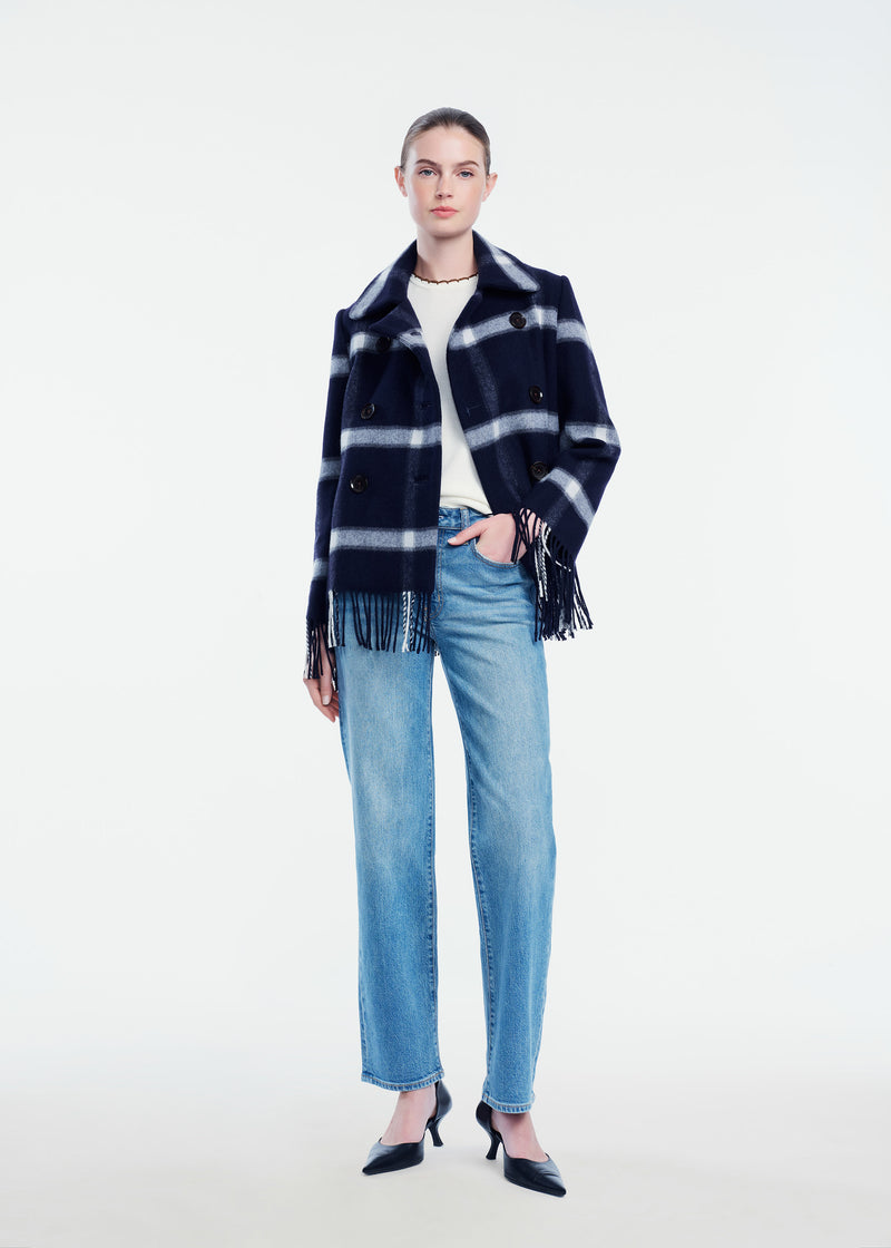 Plaid Wool Fringe Detail Peacoat