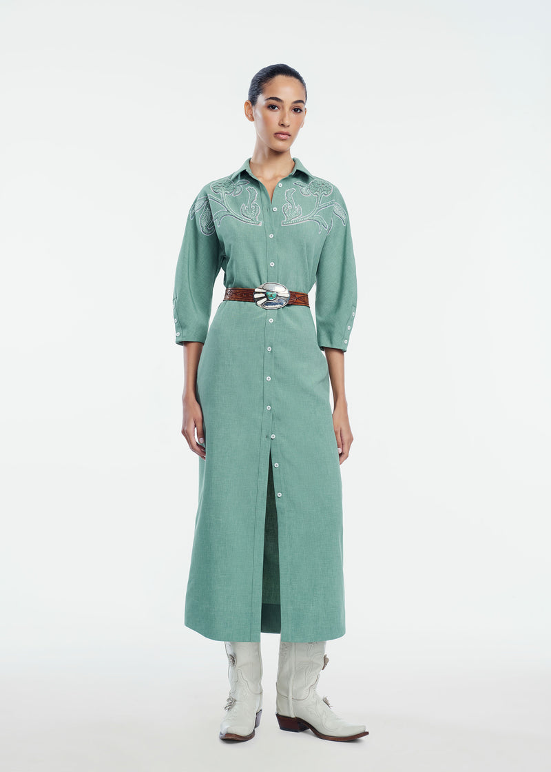 Floral Inlaid Melange Crepe Shirtdress