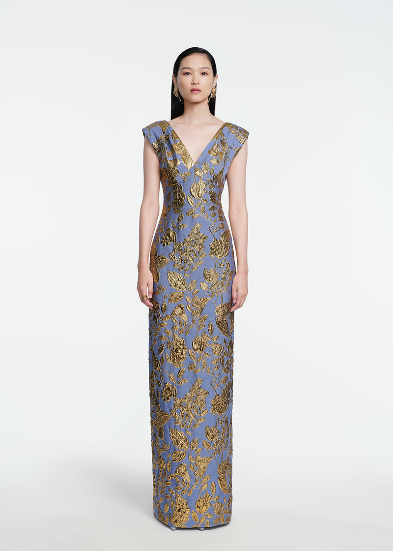 Floral Fil Coupe V-Neck Gown