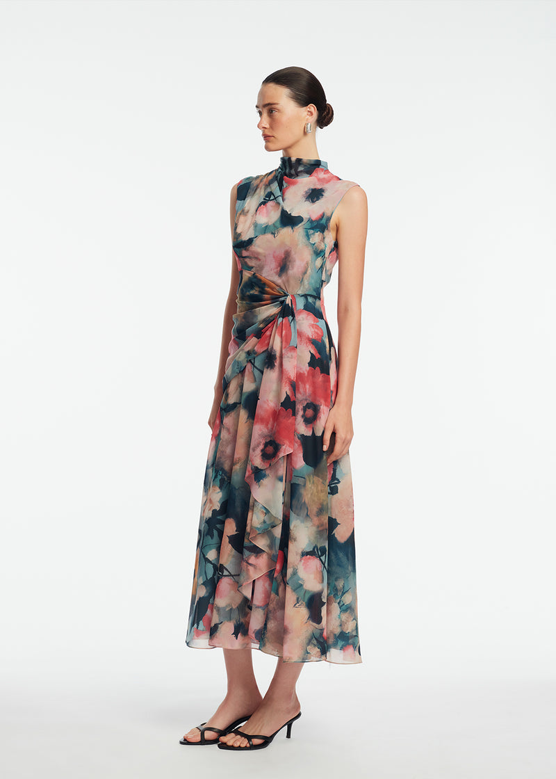 Floral Printed Chiffon Draped Dress