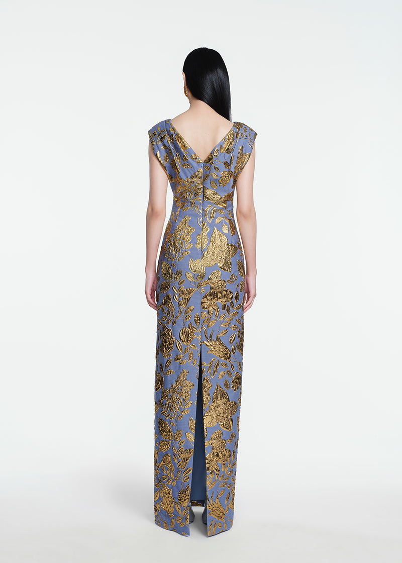 Floral Fil Coupe V-Neck Gown