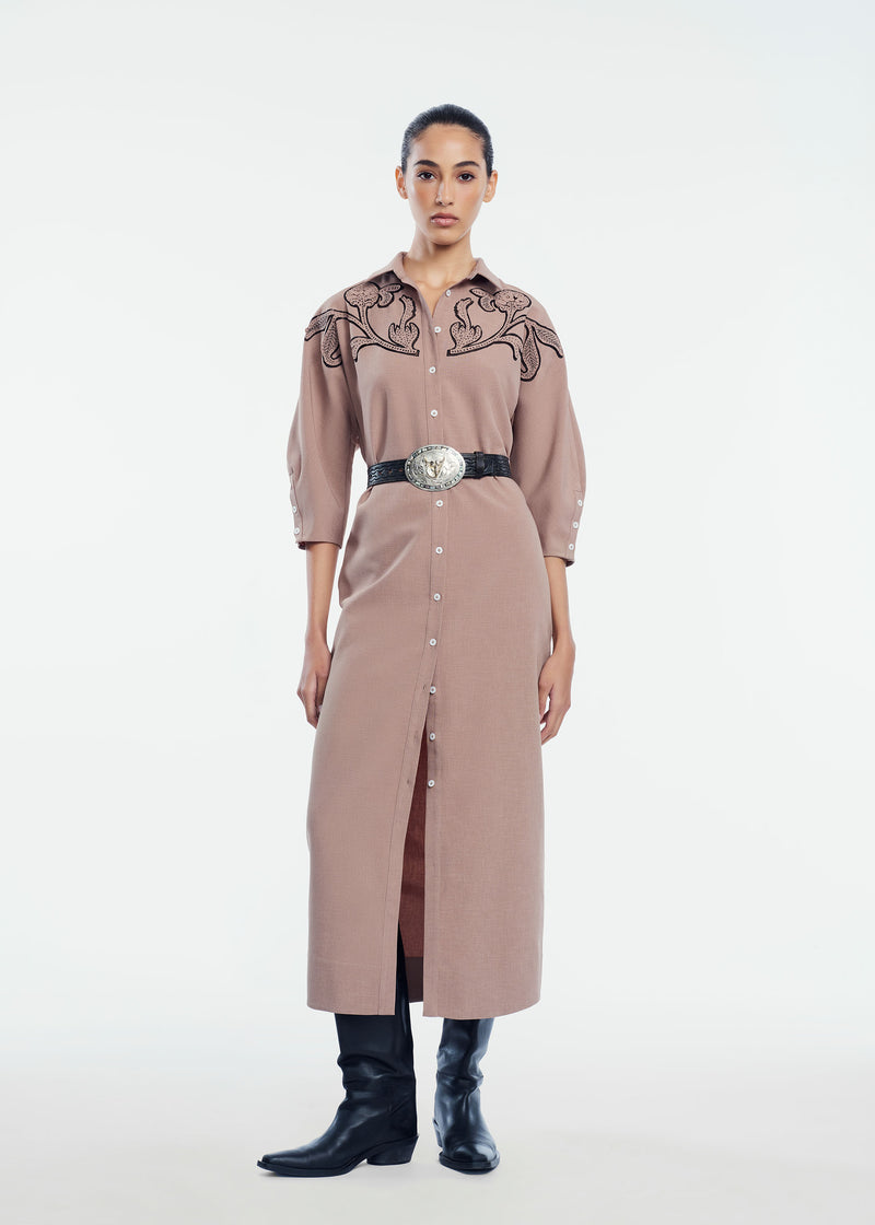 Floral Inlaid Melange Crepe Shirtdress
