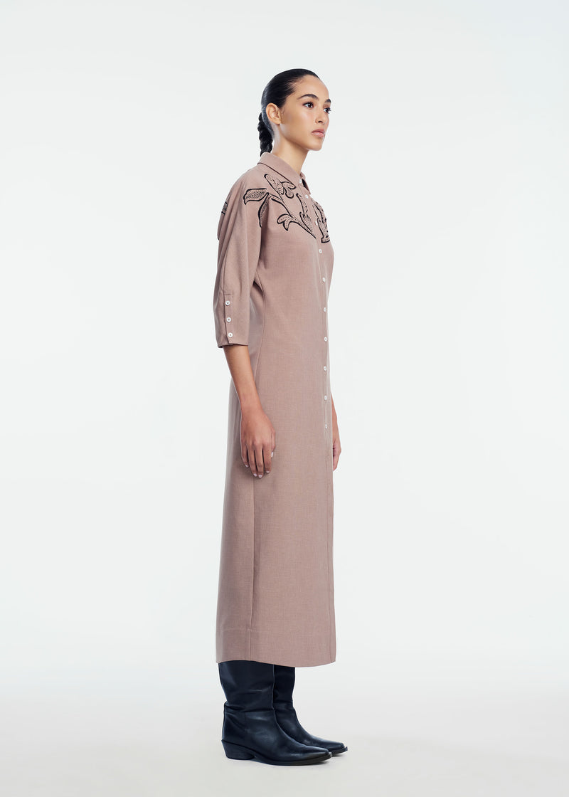 Floral Inlaid Melange Crepe Shirtdress