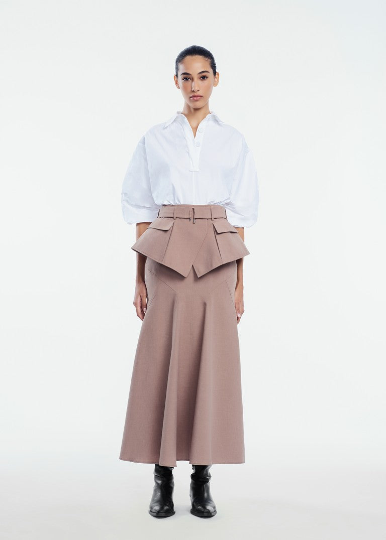 Melange Crepe Belted Skirt