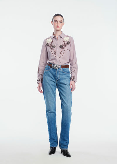Ribbon Embroidered Mini Check Cotton Shirt