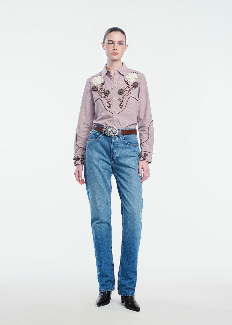 Ribbon Embroidered Mini Check Cotton Shirt