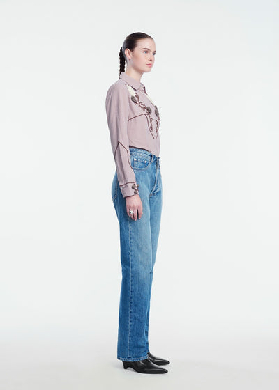 Ribbon Embroidered Mini Check Cotton Shirt