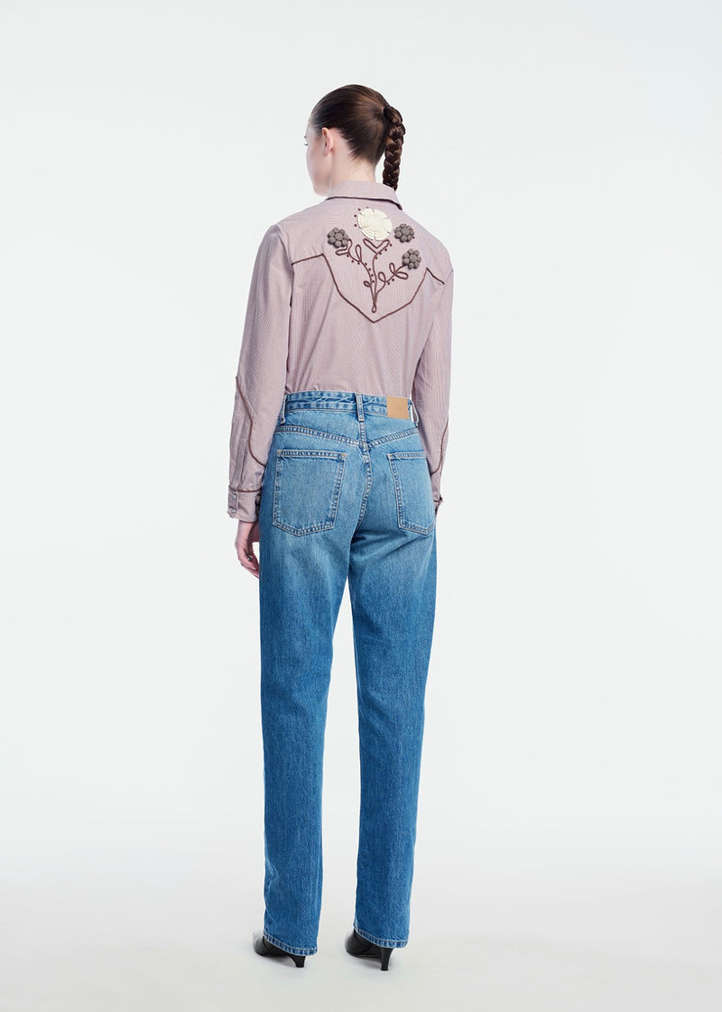 Ribbon Embroidered Mini Check Cotton Shirt