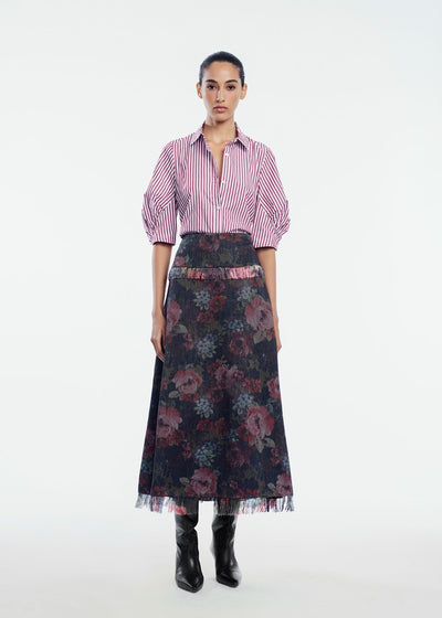 Floral Denim Fringe Detail Skirt