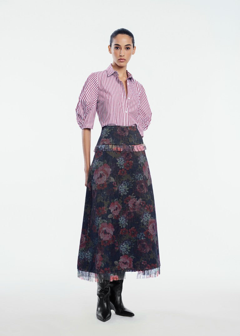 Floral Denim Fringe Detail Skirt