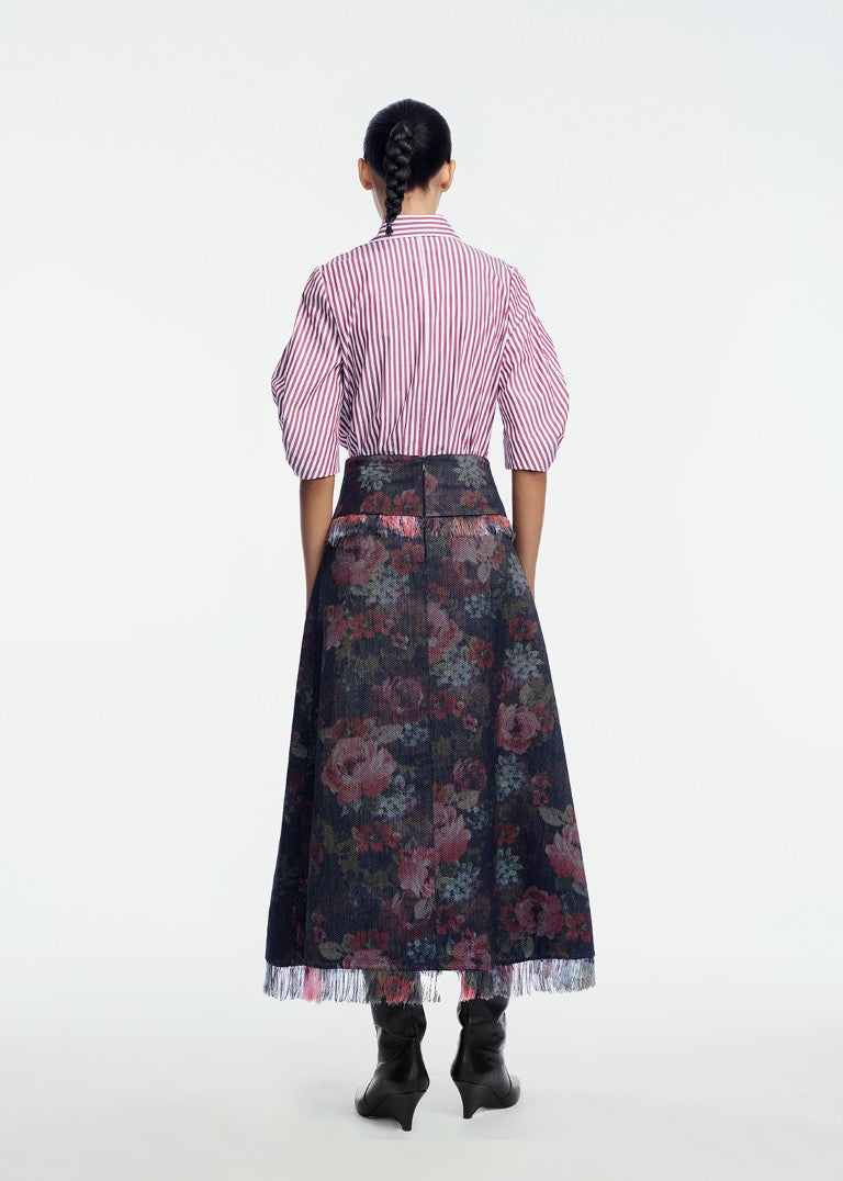 Floral Denim Fringe Detail Skirt