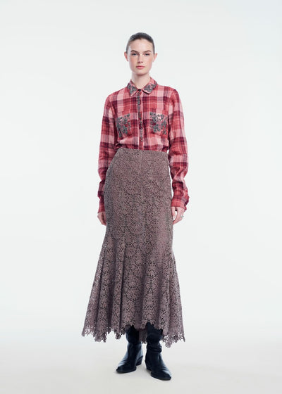 Plaid Linen Metallic Embroidered Shirt