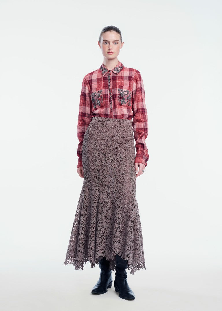 Plaid Linen Metallic Embroidered Shirt