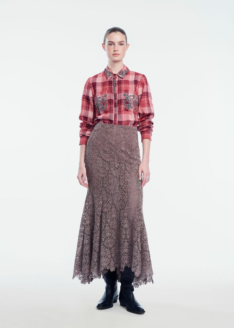 Plaid Linen Metallic Embroidered Shirt