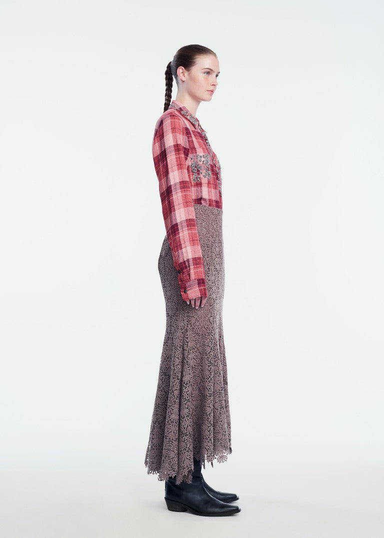 Plaid Linen Metallic Embroidered Shirt