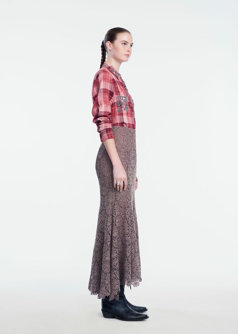 Plaid Linen Metallic Embroidered Shirt