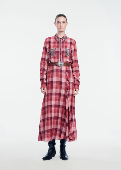 Plaid Linen Metallic Embroidered Shirt