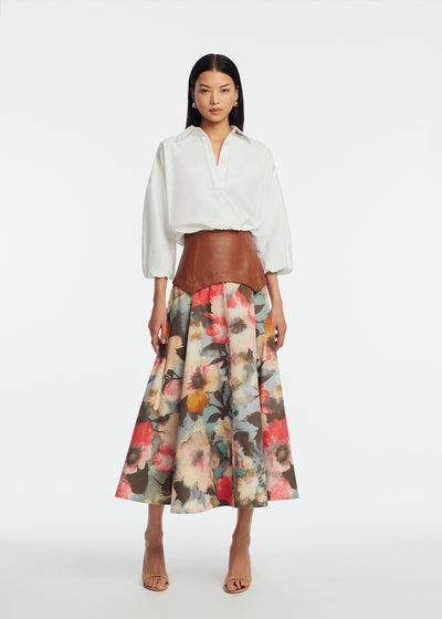 Floral Printed Cotton Leather Yoke Skirt