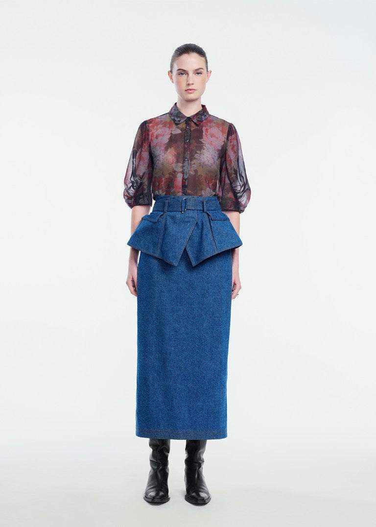 Denim Belted Pencil Skirt