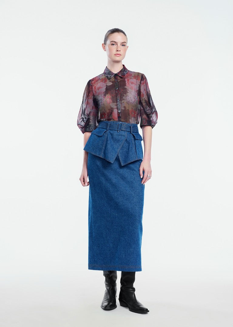 Denim Belted Pencil Skirt