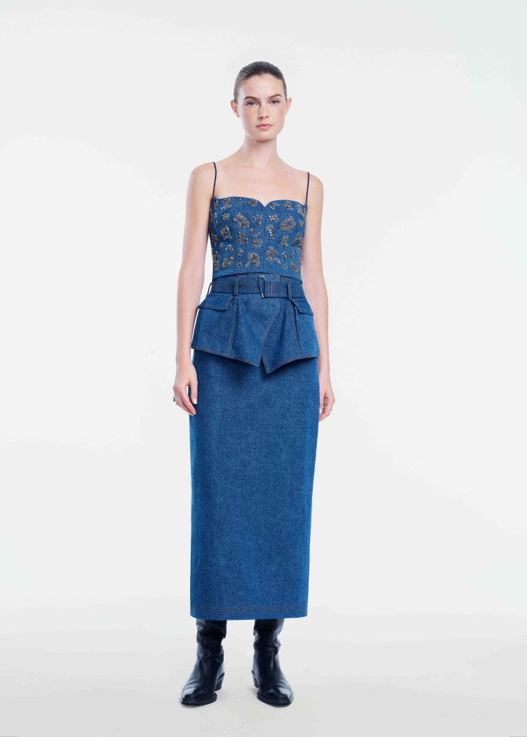 Denim Belted Pencil Skirt
