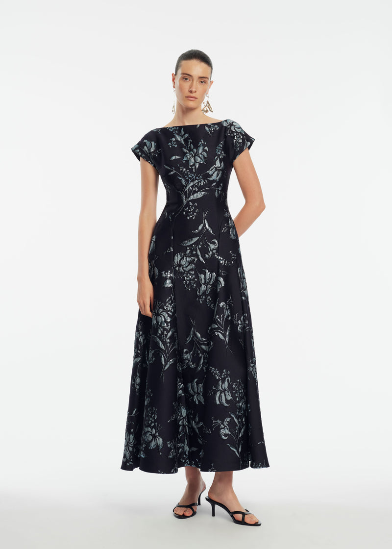 Metallic Floral Jacquard Seam Detail Dress