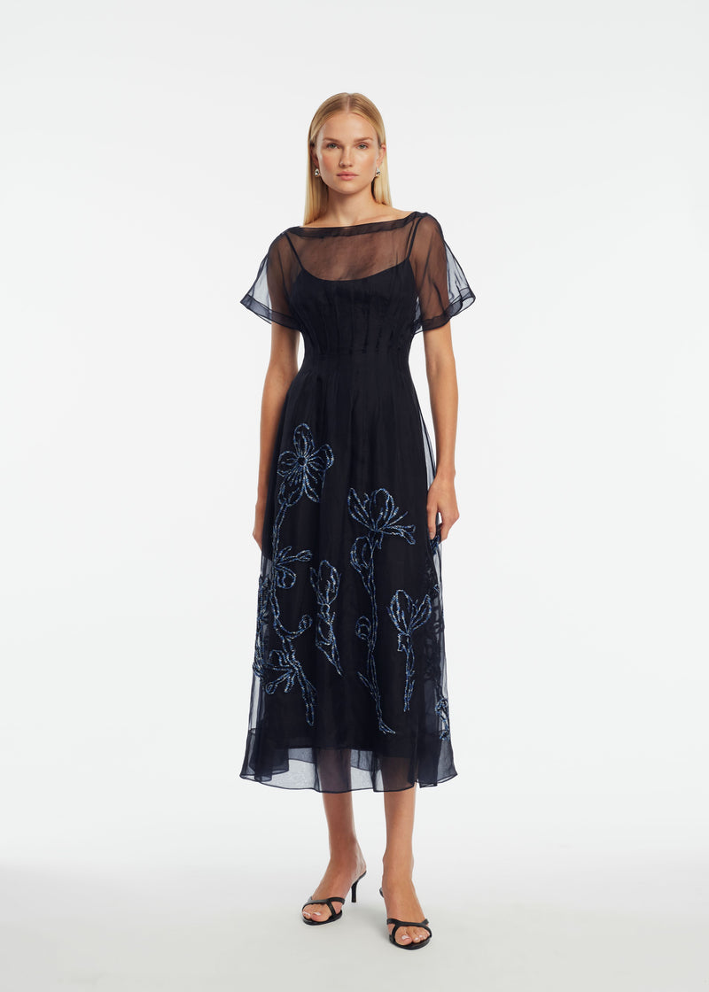 Lela Rose Ikat Floral Embroidered Organza Dress - Blue Lela Rose Ikat Floral Embroidered Organza Dress - Blue