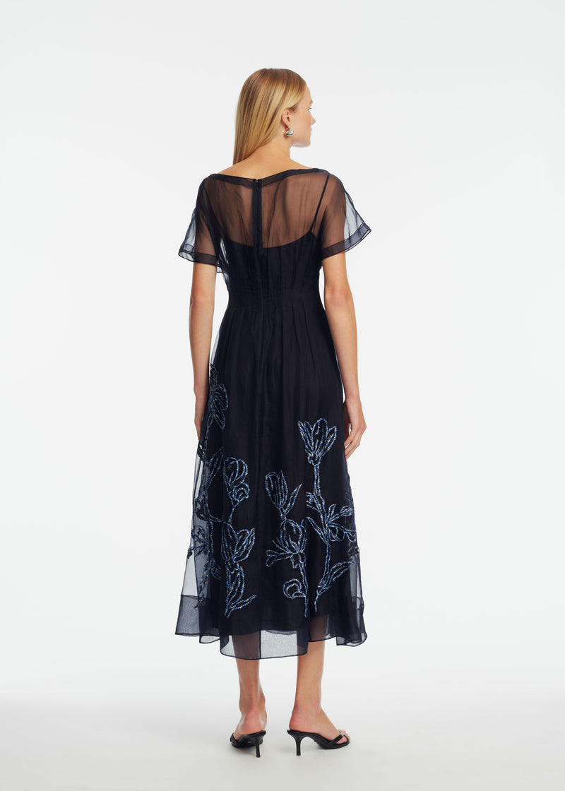 Ikat Floral Embroidered Organza Dress
