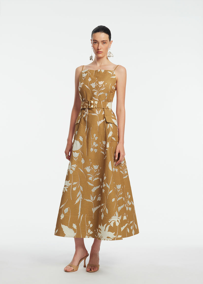 Floral Jacquard Belted Dress