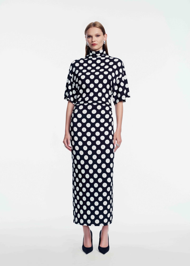 Polka Dot Jersey Turtleneck Dress