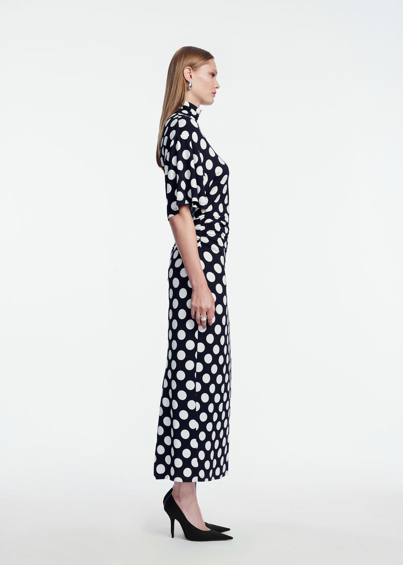 Polka Dot Jersey Turtleneck Dress