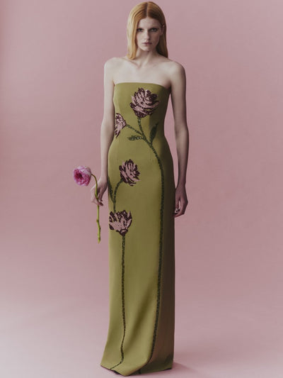 Floral Needlepoint Embroidered Fluid Crepe Ava Gown