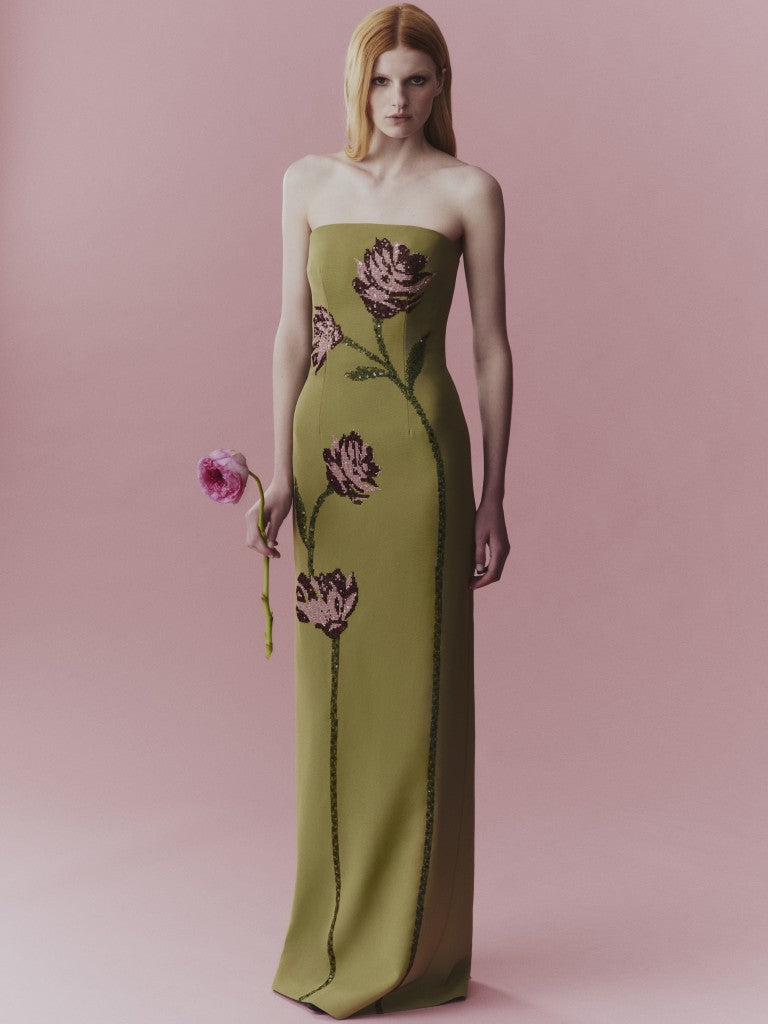 Floral Needlepoint Embroidered Fluid Crepe Ava Gown