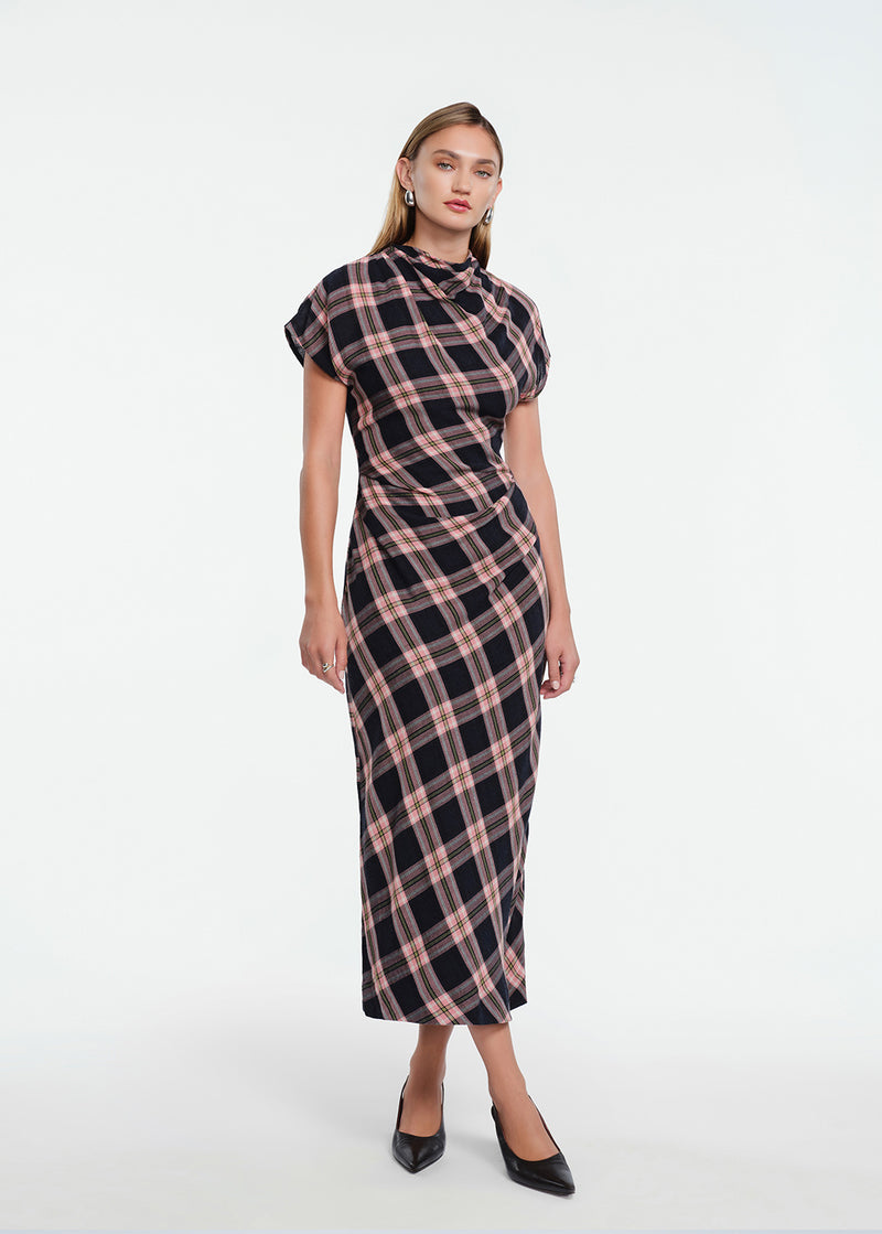 Plaid Gauze Draped Dress
