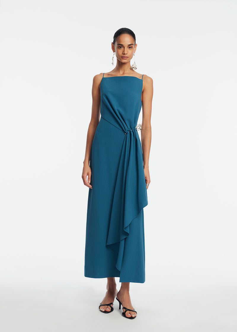 crepe blue dress Fluid Crepe Pin Detail Draped Dress – Lela Rose