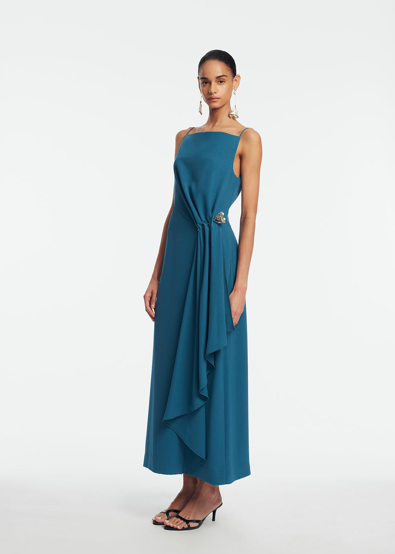 draped formal dress Light Blue Off-Shoulder Dress with Draped Bodice and Rosette Straps – SS052  – Viniodress