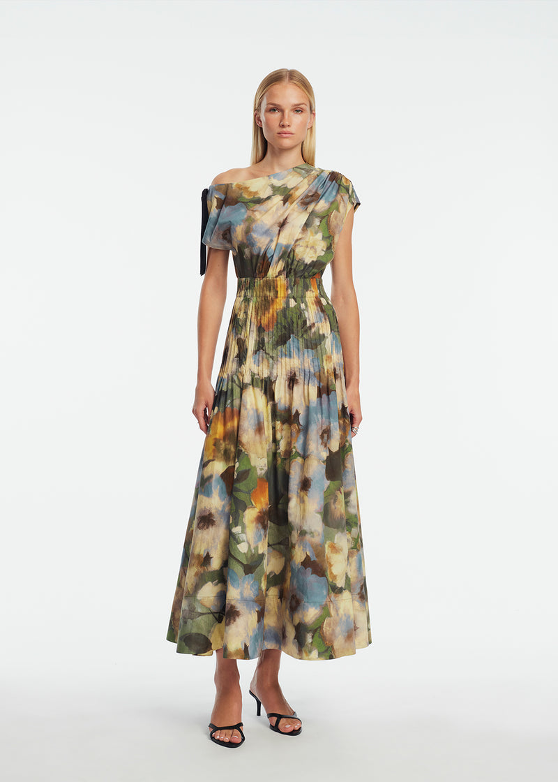 Floral Printed Cotton Draped Shoulder Pleated Dress