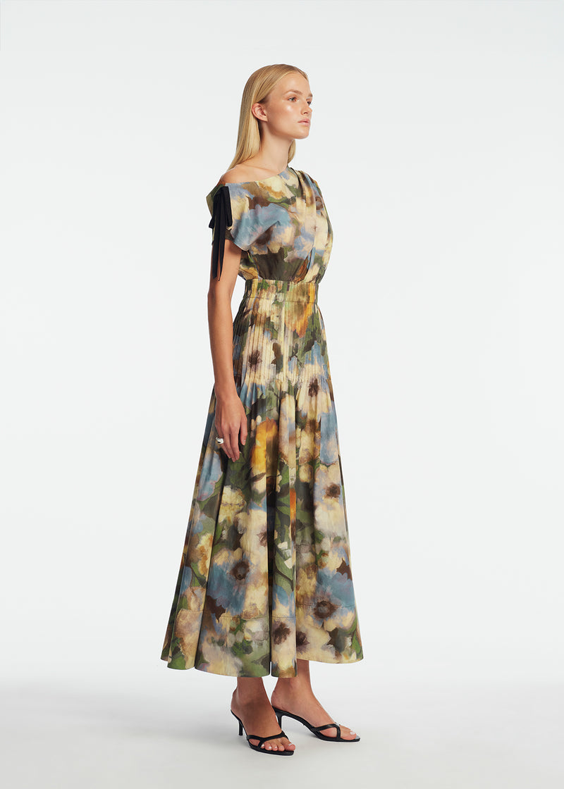 Floral Printed Cotton Draped Shoulder Pleated Dress