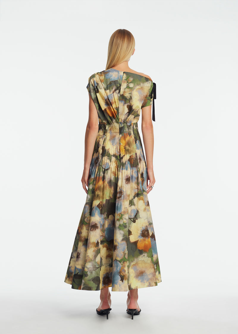 Floral Printed Cotton Draped Shoulder Pleated Dress
